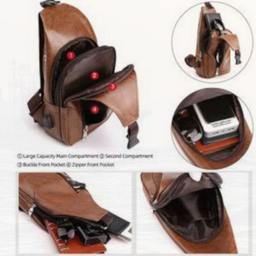 New Chest Bag with USB Charge Port Brown 247 - Picture 2 of 3